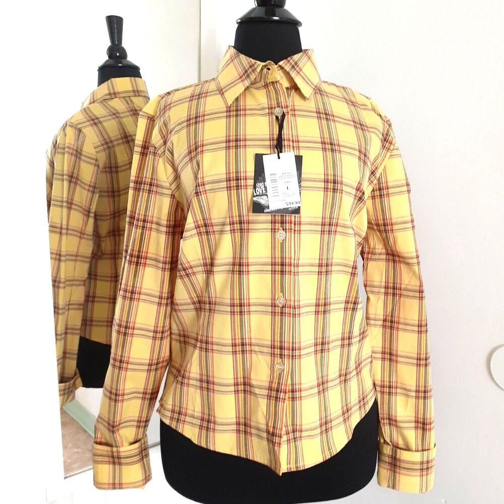 SOHO Babe Camel Yellow Plaid Woven LS Button Shirt JR. Size Large NWT